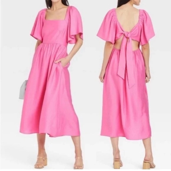 a new day Dresses & Skirts - A New Day Tie Back Flutter Sleeve Midi Dress Size L Barbie Pink